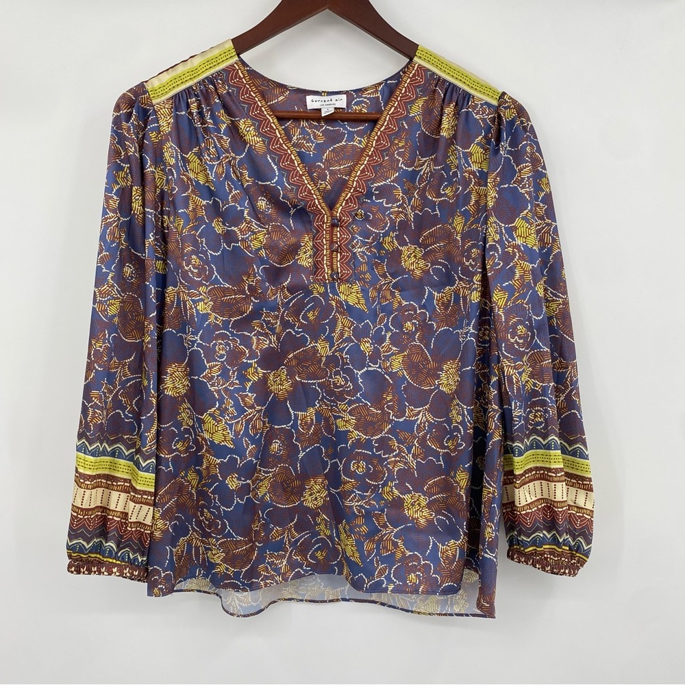 Current Air Top Womens Large Brown Blue Floral Border Print V-Neck Light Blouse